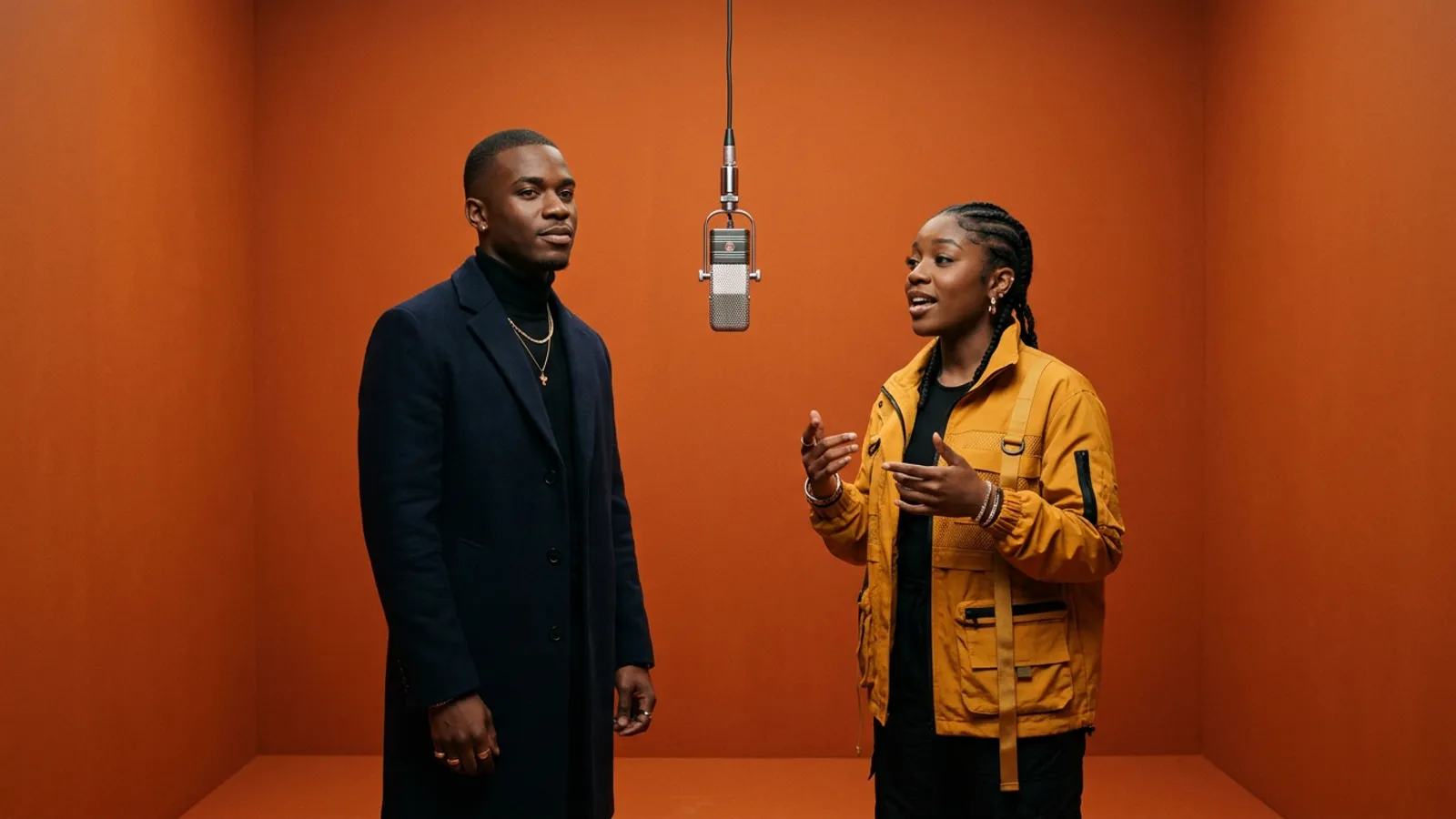 Hotel Lobby AI trend duo performance in orange recording studio