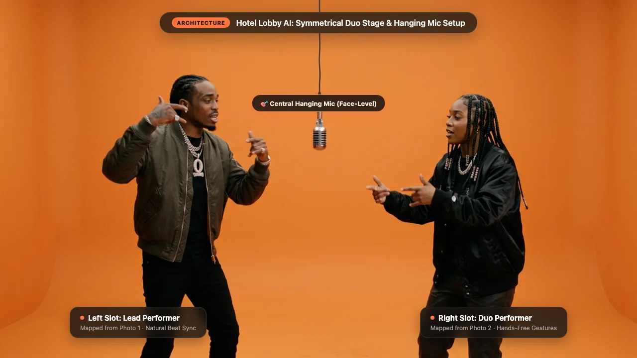 Symmetrical Duo Stage Layout and Hanging Microphone Setup in Minimalist Orange Studio