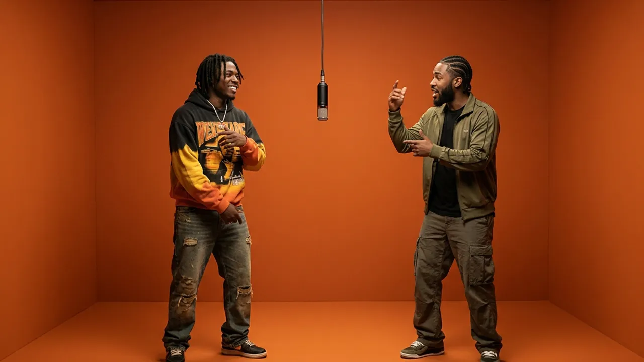 Neural motion transfer workflow turning uploaded portraits into a full duo rap performance