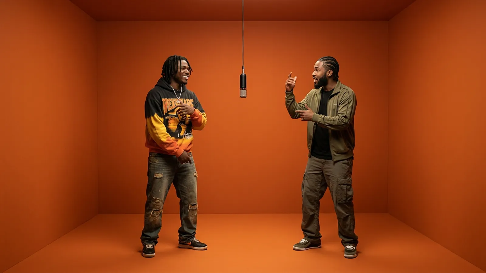 Migos Hotel Lobby AI video duo streetwear performance in orange recording studio