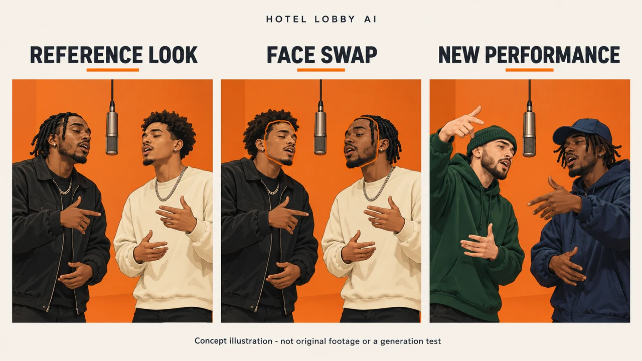 Concept illustration of fictional male rap duos comparing a reference scene, face swap, and newly generated performance