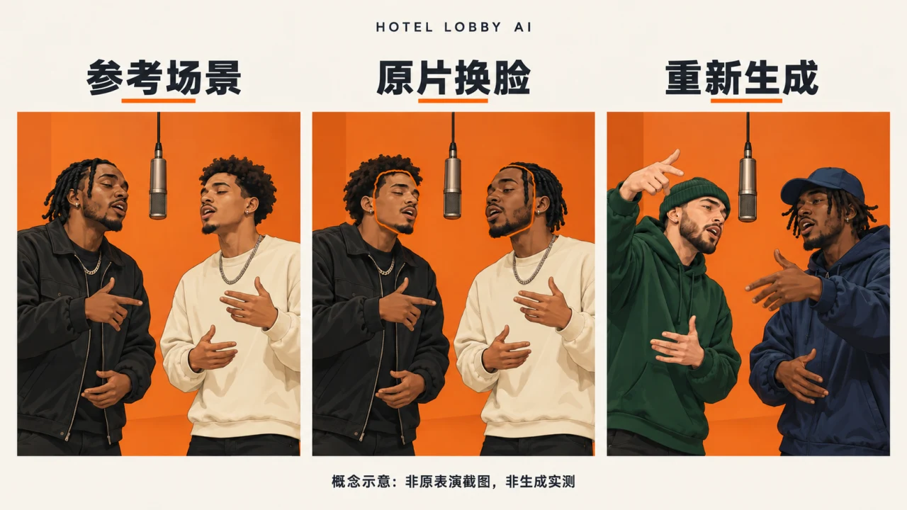 用虚构双男性说唱组合说明参考场景、原片换脸与重新生成区别的概念图